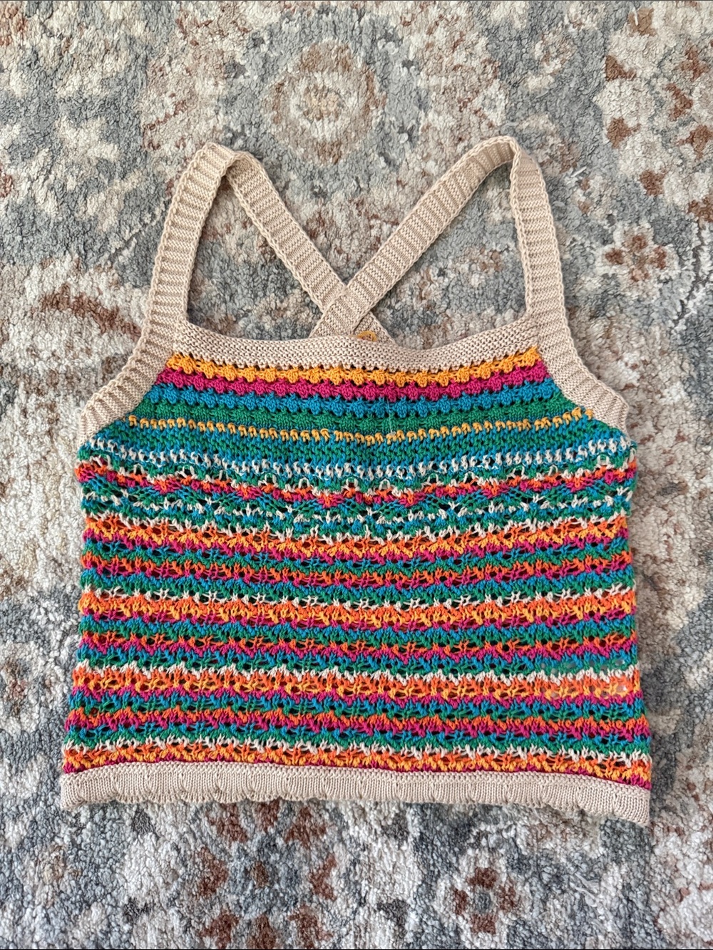 🌈Lush Multicolor Crochet Knit Crop Tank Top - Beige Trim